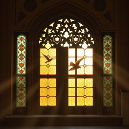 A beautiful, tranquil scene of a medium-sized traditional Iranian mosque window, showcasing intricate Islamic architecture and colorful stained glass