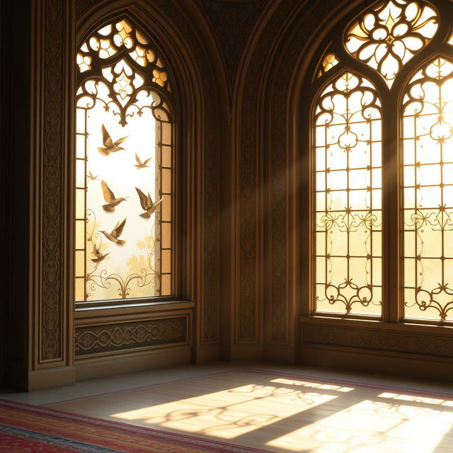 A beautiful, tranquil scene of a medium-sized traditional Iranian mosque window, showcasing intricate Islamic architecture and colorful stained glass