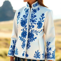 A beautiful white coat with intricate blue embroidery, showcasing elegant floral patterns