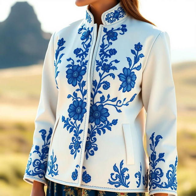 A beautiful white coat with intricate blue embroidery, showcasing elegant floral patterns