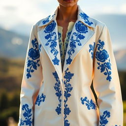 A beautiful white coat with intricate blue embroidery, showcasing elegant floral patterns