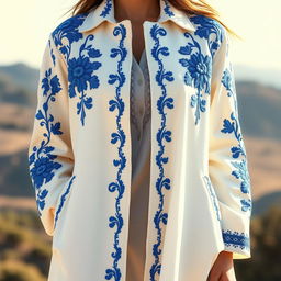 A beautiful white coat with intricate blue embroidery, showcasing elegant floral patterns