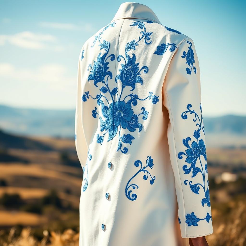 A beautiful white coat with intricate blue embroidery, showcasing elegant floral patterns