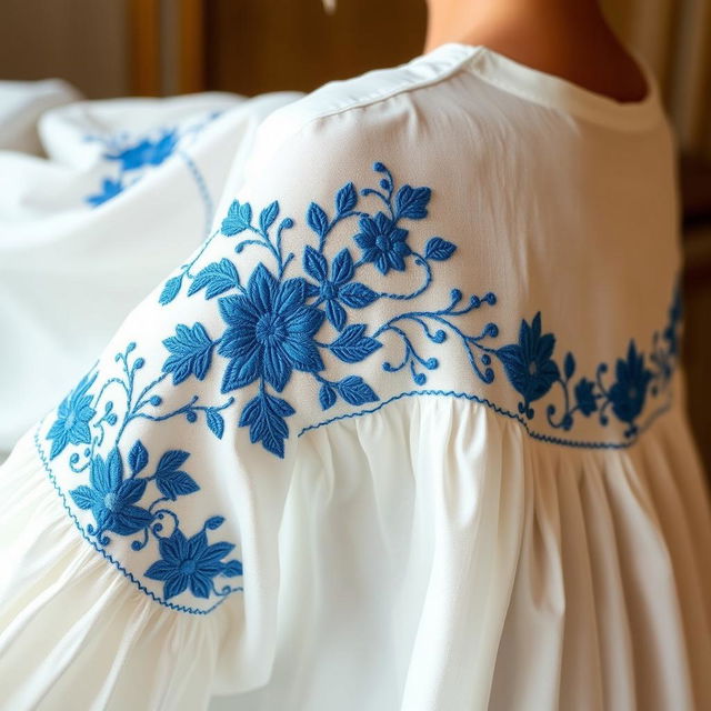 A beautiful white garment with intricate blue embroidery, showcasing delicate floral and geometric patterns