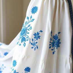 A beautiful white garment with intricate blue embroidery, showcasing delicate floral and geometric patterns