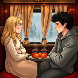 A blonde girl and a curly-haired dark-haired guy are sitting in a Russian train carriage, positioned opposite each other