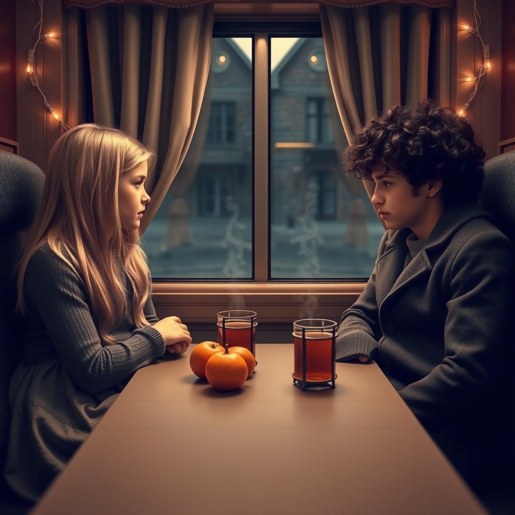 A blonde girl and a curly-haired dark-haired guy are sitting in a Russian train carriage, positioned opposite each other