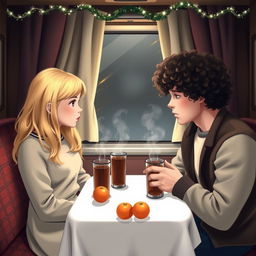 A blonde girl and a curly-haired dark-haired guy are sitting in a Russian train carriage, positioned opposite each other