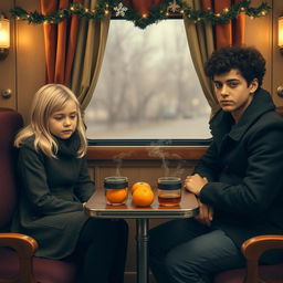 A blonde girl and a curly-haired dark-haired guy are sitting in a Russian train carriage, positioned opposite each other