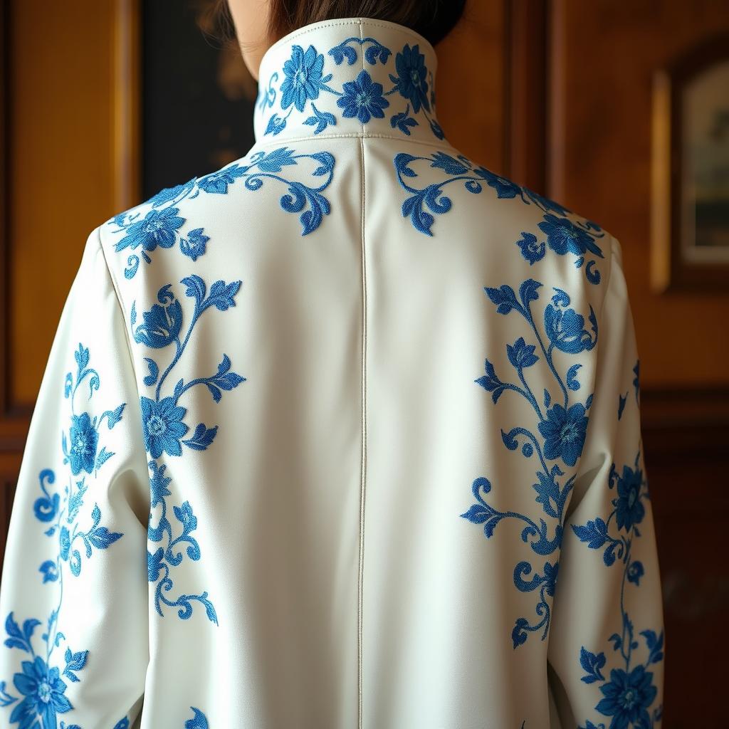 A beautiful white coat adorned with intricate blue embroidery, showcasing elegant floral patterns