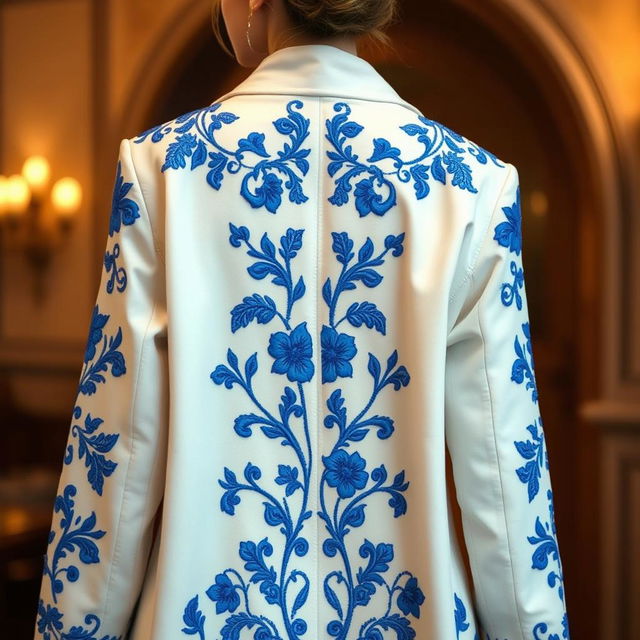 A beautiful white coat adorned with intricate blue embroidery, showcasing elegant floral patterns