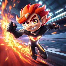 A dynamic fierce character named Blaze 'Speedflare' Emberdash, a fiery and energetic hero