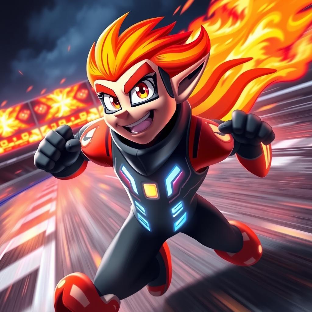 A dynamic fierce character named Blaze 'Speedflare' Emberdash, a fiery and energetic hero