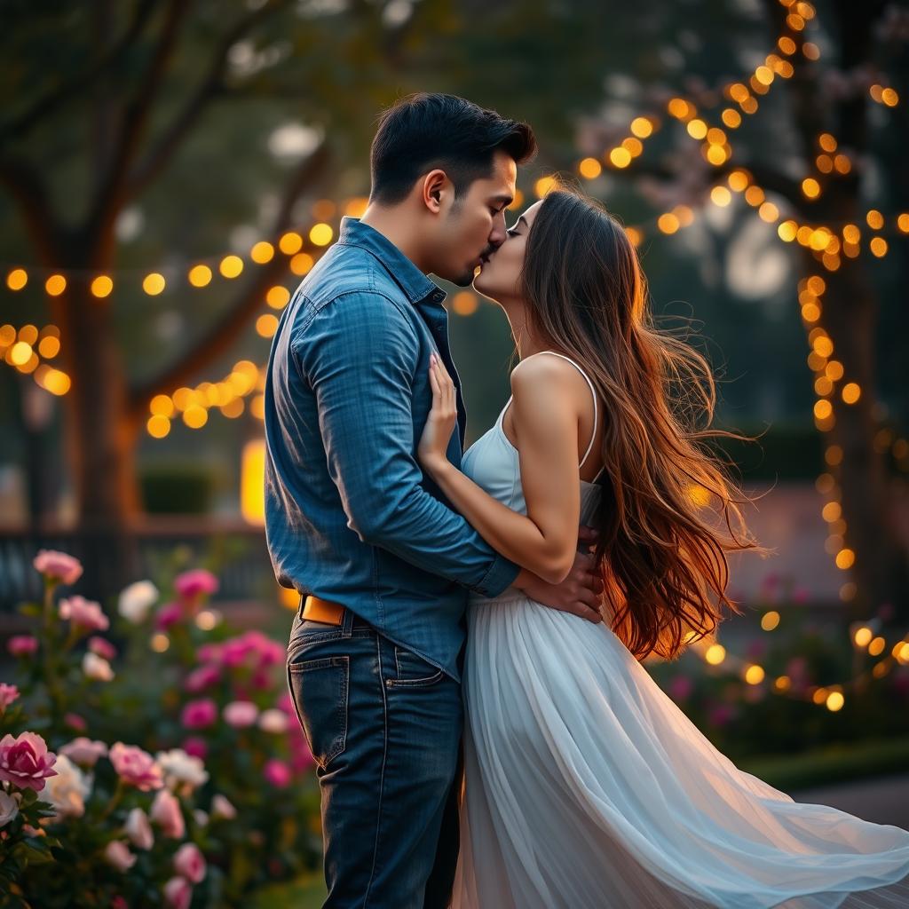 A romantic scene depicting a man and a woman passionately kissing in a beautifully lit park during sunset