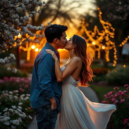 A romantic scene depicting a man and a woman passionately kissing in a beautifully lit park during sunset
