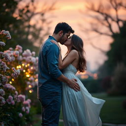 A romantic scene depicting a man and a woman passionately kissing in a beautifully lit park during sunset