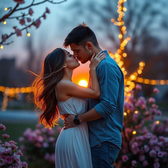 A romantic scene depicting a man and a woman passionately kissing in a beautifully lit park during sunset