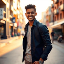 A handsome young man named Sidath Perera, featuring an elegant pose, with a charming smile, wearing a stylish casual outfit