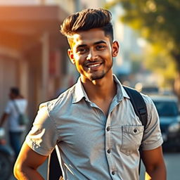 A handsome young man named Sidath Perera, featuring an elegant pose, with a charming smile, wearing a stylish casual outfit