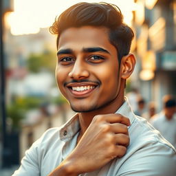 A handsome young man named Sidath Perera, featuring an elegant pose, with a charming smile, wearing a stylish casual outfit