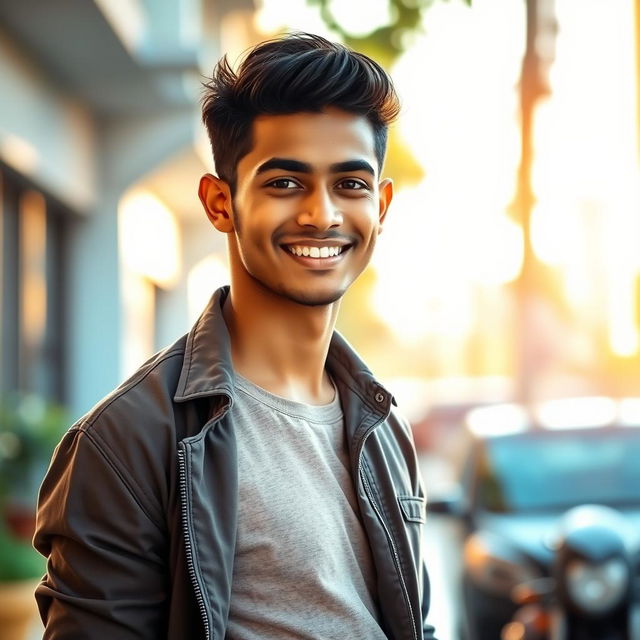 A handsome young man named Sidath Perera, featuring an elegant pose, with a charming smile, wearing a stylish casual outfit