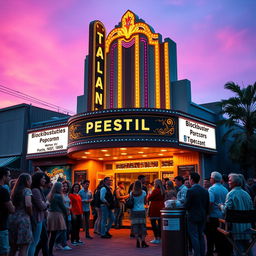 A vibrant cinema scene at dusk, featuring a classic vintage movie theater with an ornate marquee illuminated in bright neon lights