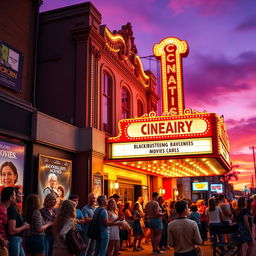 A vibrant cinema scene at dusk, featuring a classic vintage movie theater with an ornate marquee illuminated in bright neon lights