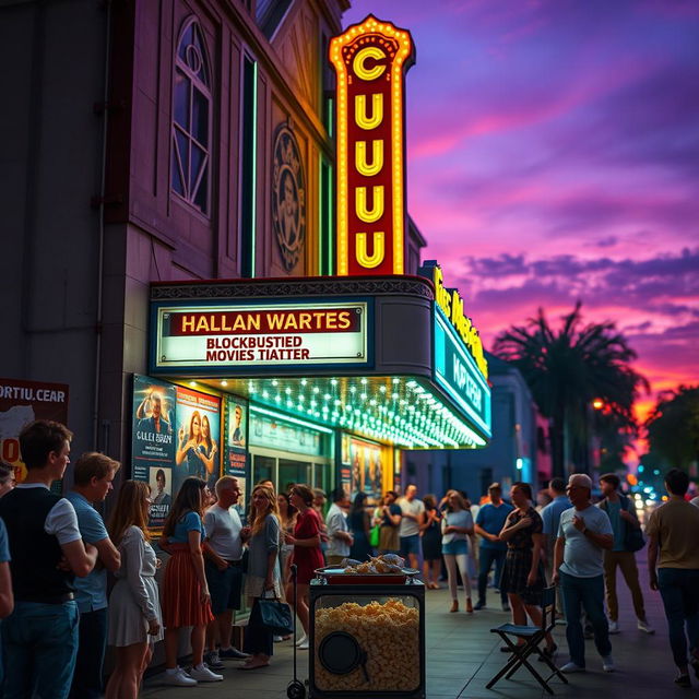 A vibrant cinema scene at dusk, featuring a classic vintage movie theater with an ornate marquee illuminated in bright neon lights