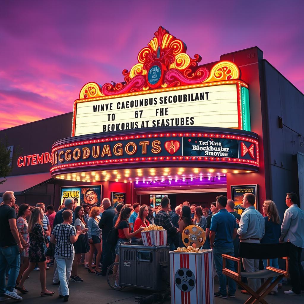 A vibrant cinema scene at dusk, featuring a classic vintage movie theater with an ornate marquee illuminated in bright neon lights