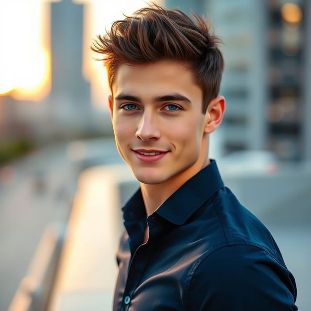 A handsome young man with chiseled features, deep blue eyes, and tousled dark hair, wearing a stylish, fitted navy blue shirt