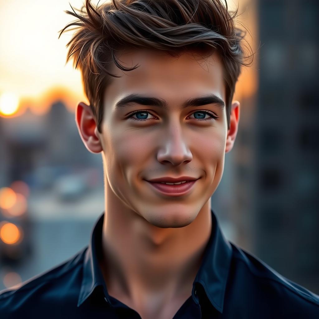 A handsome young man with chiseled features, deep blue eyes, and tousled dark hair, wearing a stylish, fitted navy blue shirt