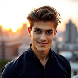 A handsome young man with chiseled features, deep blue eyes, and tousled dark hair, wearing a stylish, fitted navy blue shirt