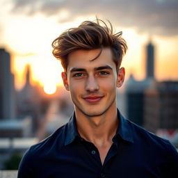 A handsome young man with chiseled features, deep blue eyes, and tousled dark hair, wearing a stylish, fitted navy blue shirt