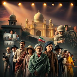 A captivating representation of Iranian cinema, featuring a montage of iconic films, actors, and landscapes significant to the film industry in Iran