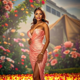 A brilliant woman standing confidently, wearing a stunning and elegantly designed outfit that accentuates her figure