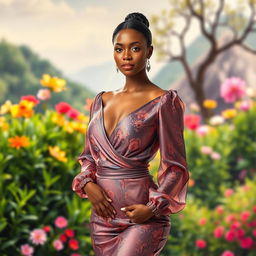 A brilliant woman standing confidently, wearing a stunning and elegantly designed outfit that accentuates her figure