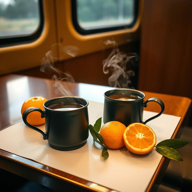 A beautifully set table inside a train compartment, featuring two iron cups filled with steaming tea