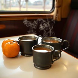 A beautifully set table inside a train compartment, featuring two iron cups filled with steaming tea