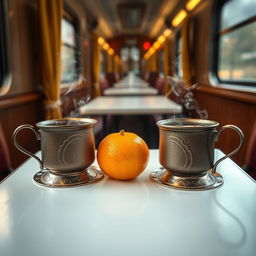 A beautifully set table inside a train compartment, featuring two iron cups filled with steaming tea