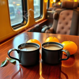 A beautifully set table inside a train compartment, featuring two iron cups filled with steaming tea