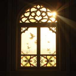 A beautiful, tranquil scene of a traditional Iranian mosque window, showcasing intricate Islamic architecture and colorful stained glass