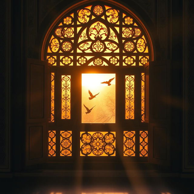 A beautiful, tranquil scene of a traditional Iranian mosque window, showcasing intricate Islamic architecture and colorful stained glass