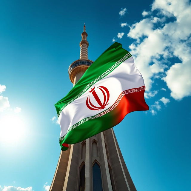 A beautifully designed flag of Iran, prominently displayed, creatively integrated with the iconic Azadi Tower (Freedom Tower) of Tehran