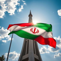 A beautifully designed flag of Iran, prominently displayed, creatively integrated with the iconic Azadi Tower (Freedom Tower) of Tehran