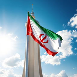 A beautifully designed flag of Iran, prominently displayed, creatively integrated with the iconic Azadi Tower (Freedom Tower) of Tehran