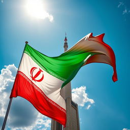 A beautifully designed flag of Iran, prominently displayed, creatively integrated with the iconic Azadi Tower (Freedom Tower) of Tehran