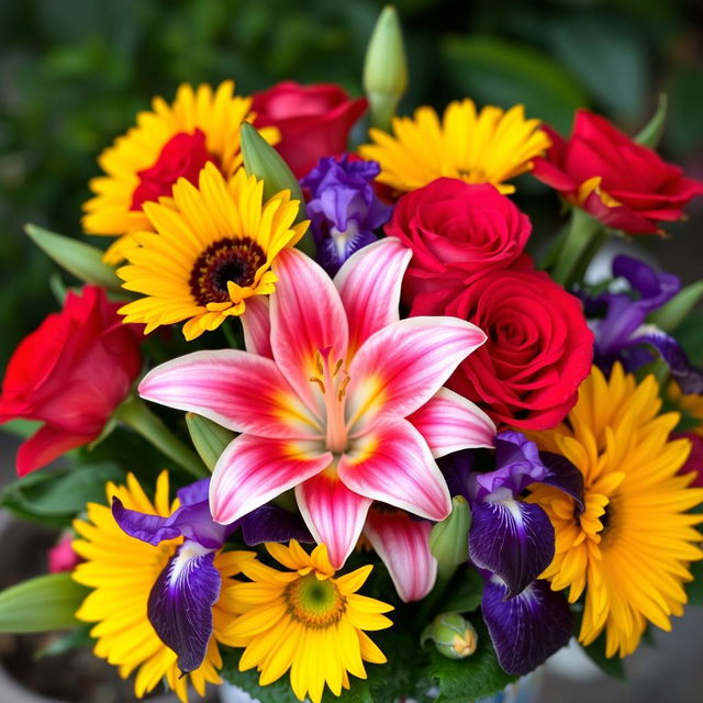 A beautifully arranged bouquet of colorful flowers, featuring vivid red roses, bright yellow sunflowers, delicate pink lilies, and deep purple irises, all artfully mixed together