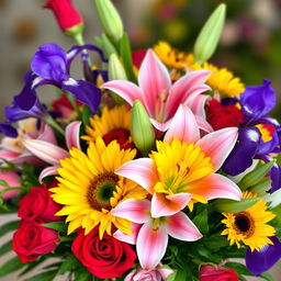 A beautifully arranged bouquet of colorful flowers, featuring vivid red roses, bright yellow sunflowers, delicate pink lilies, and deep purple irises, all artfully mixed together