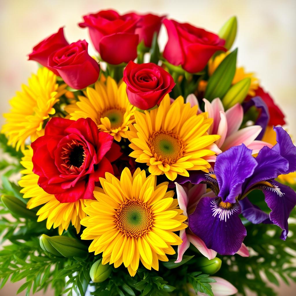 A beautifully arranged bouquet of colorful flowers, featuring vivid red roses, bright yellow sunflowers, delicate pink lilies, and deep purple irises, all artfully mixed together