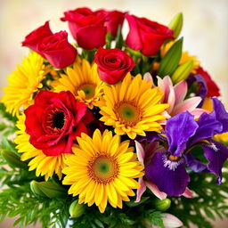 A beautifully arranged bouquet of colorful flowers, featuring vivid red roses, bright yellow sunflowers, delicate pink lilies, and deep purple irises, all artfully mixed together